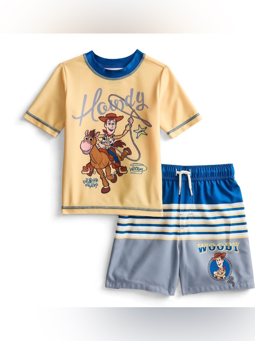 NWT Disney Pixar Toy Story Woody 2 Piece Rash Guard Swim Trunks Set UPF 50+ 18M